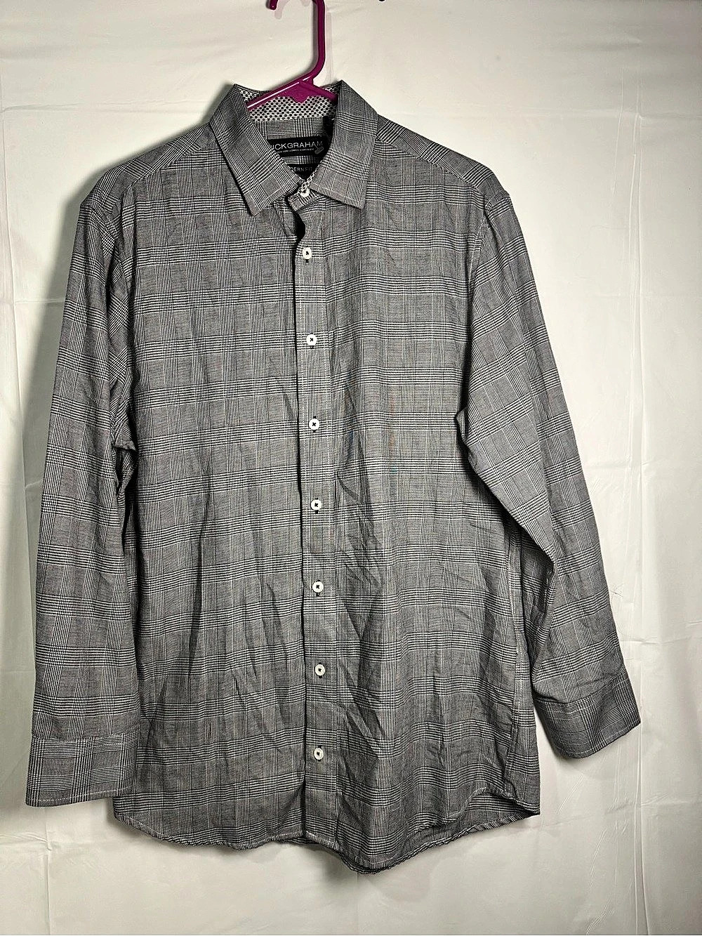 Nick Graham Modern Fit Plaid Button Down in Gray & White Size Medium
